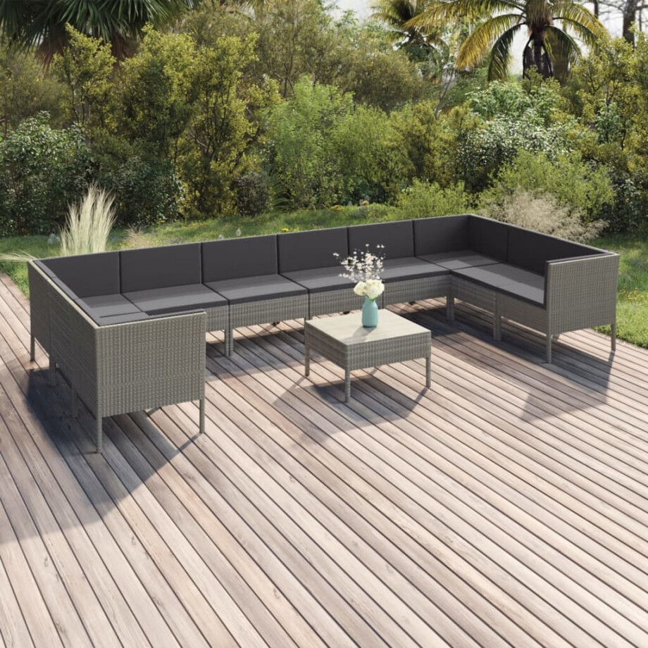 vidaXL 11-delige Loungeset met kussens poly rattan grijs afbeelding 1