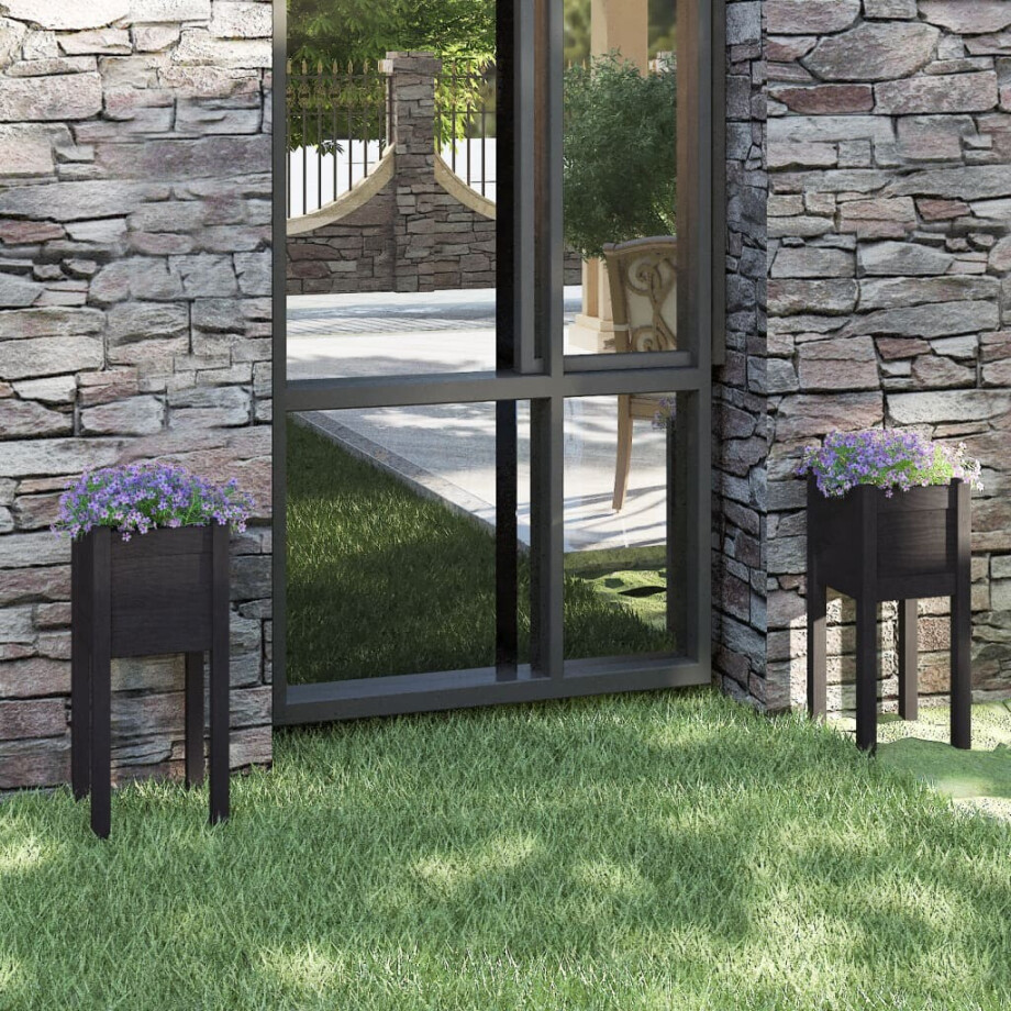 vidaXL Plantenbakken 2 st 31x31x70 cm massief grenenhout zwart afbeelding 1