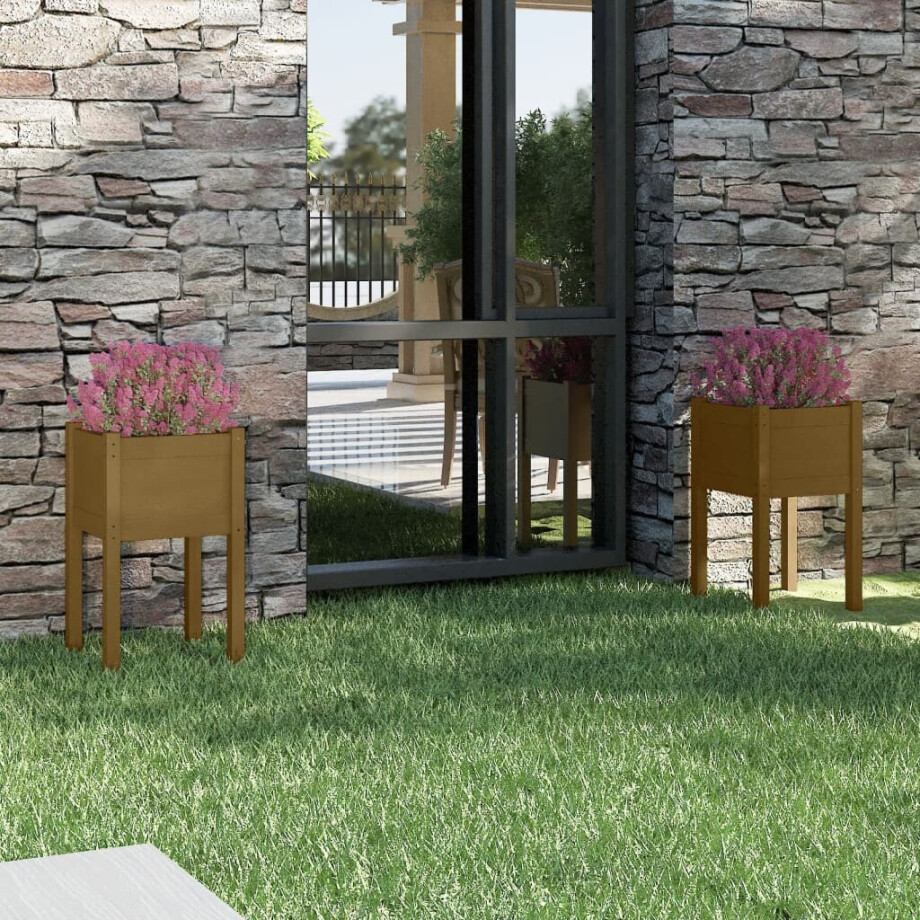 vidaXL Plantenbakken 2 st 40x40x70 cm massief grenenhout honingbruin afbeelding 1