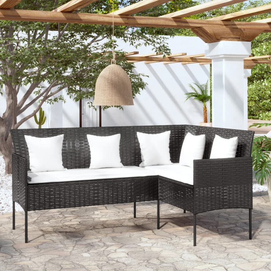 vidaXL Loungebank met kussens L-vormig poly rattan zwart afbeelding 1