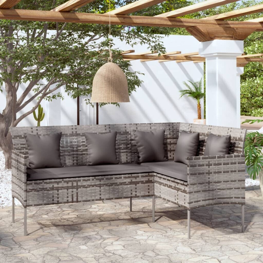 vidaXL Loungebank met kussens L-vormig poly rattan grijs afbeelding 1