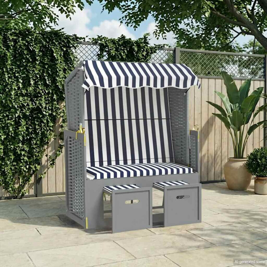 vidaXL Strandstoel met luifel poly rattan en massief hout blauw en wit afbeelding 1