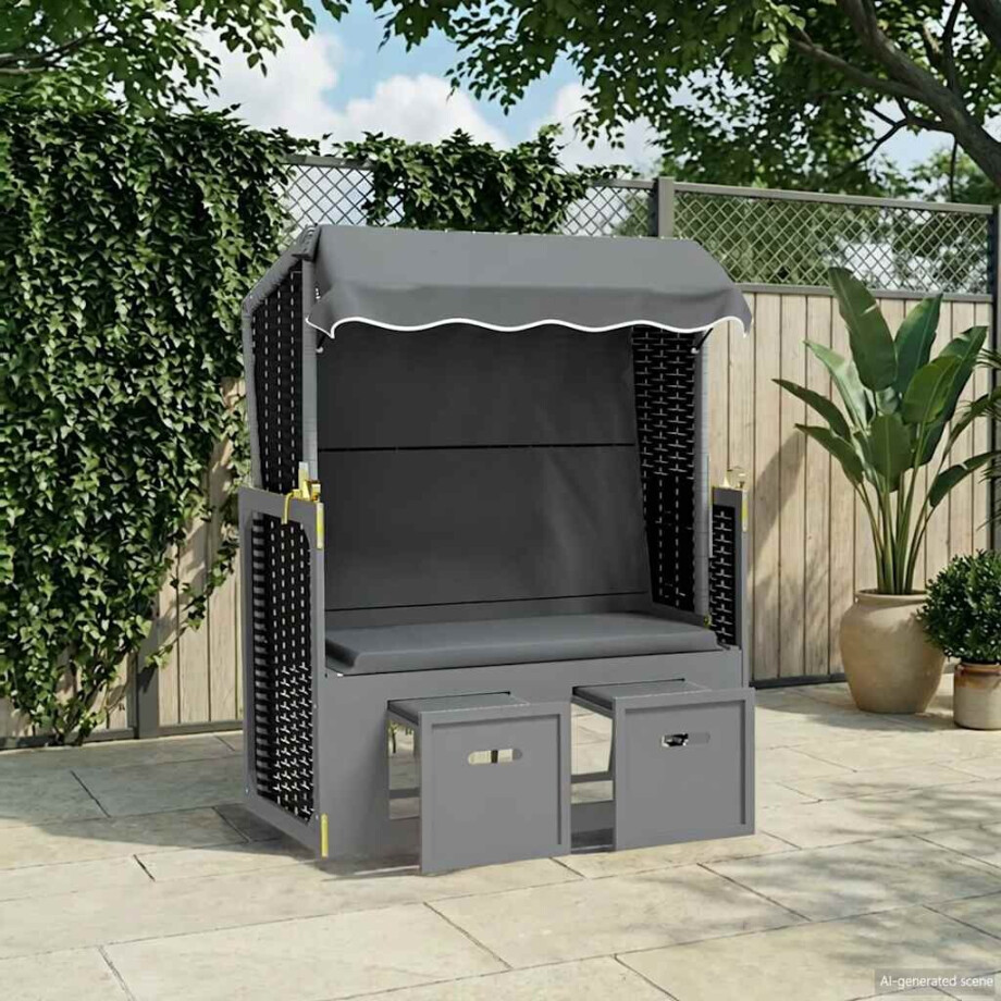 vidaXL Strandstoel met luifel poly rattan en hout antraciet en zwart afbeelding 1