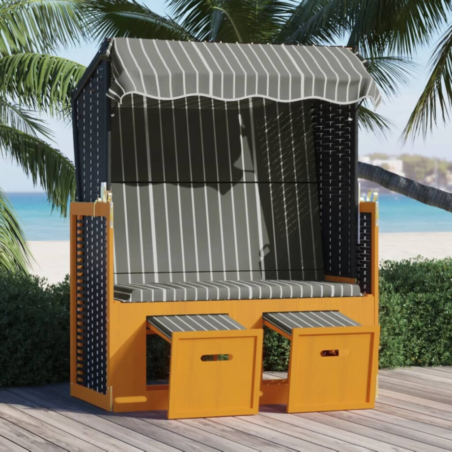 vidaXL Strandstoel met luifel poly rattan en hout zwart en grijs afbeelding 1