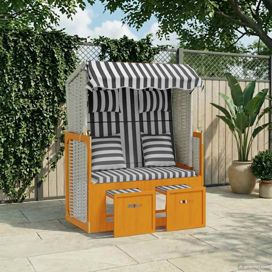 vidaXL Strandstoel met kussens poly rattan en hout wit en grijs afbeelding 1