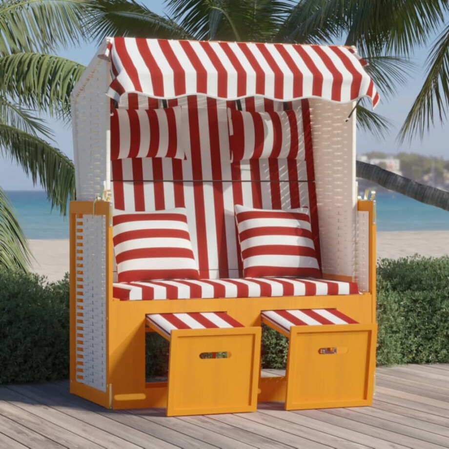 vidaXL Strandstoel met kussens poly rattan en hout rood en wit afbeelding 1