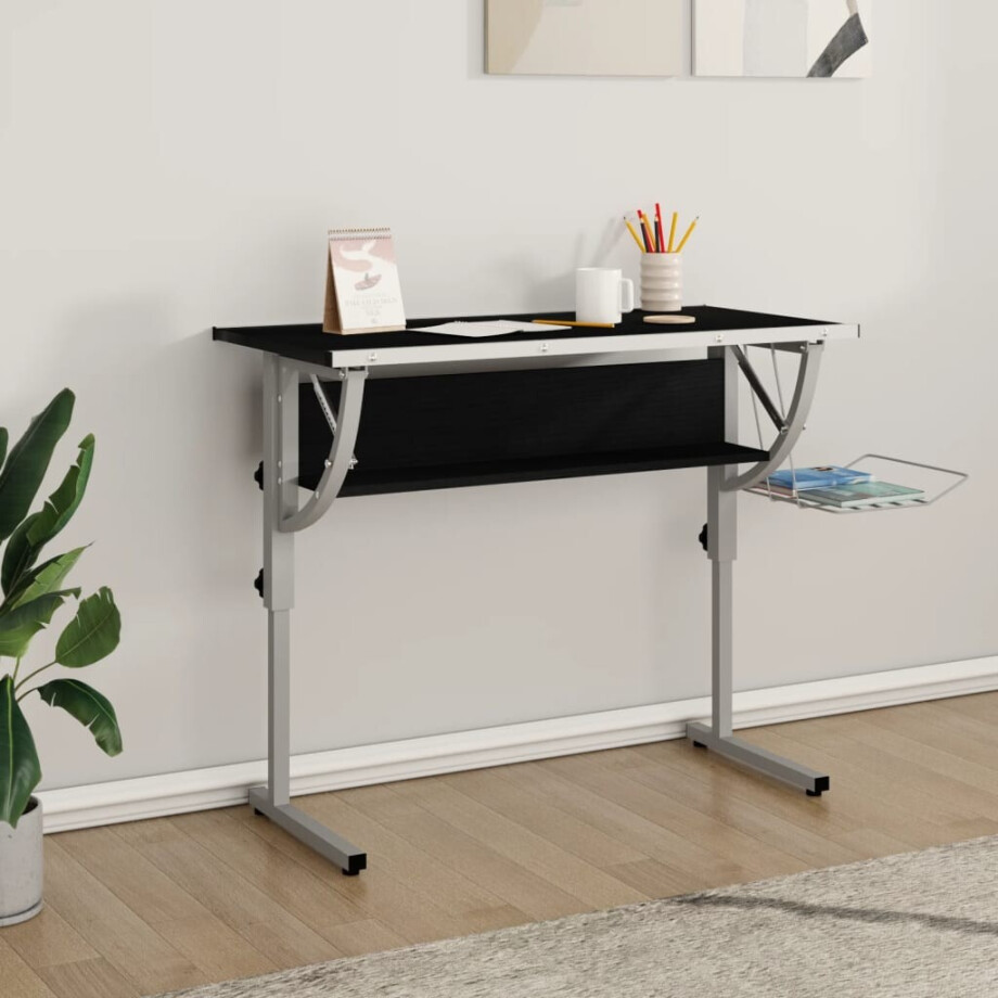 vidaXL Tekentafel 110x53x(58-87) cm bewerkt hout en staal zwart/grijs afbeelding 1