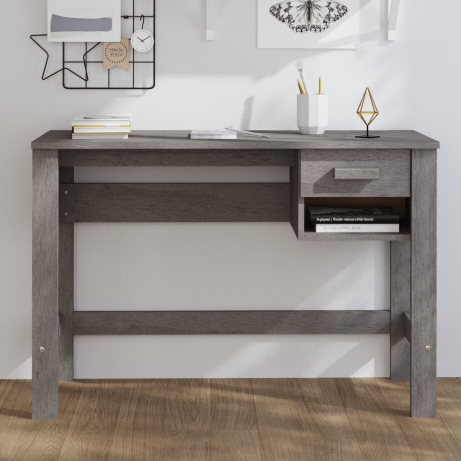 vidaXL Bureau HAMAR 110x40x75 cm massief grenenhout lichtgrijs afbeelding 1