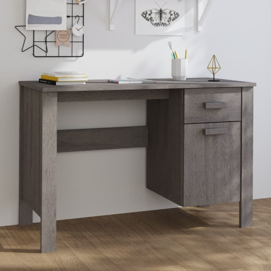 vidaXL Bureau HAMAR 113x50x75 cm massief grenenhout lichtgrijs afbeelding 1