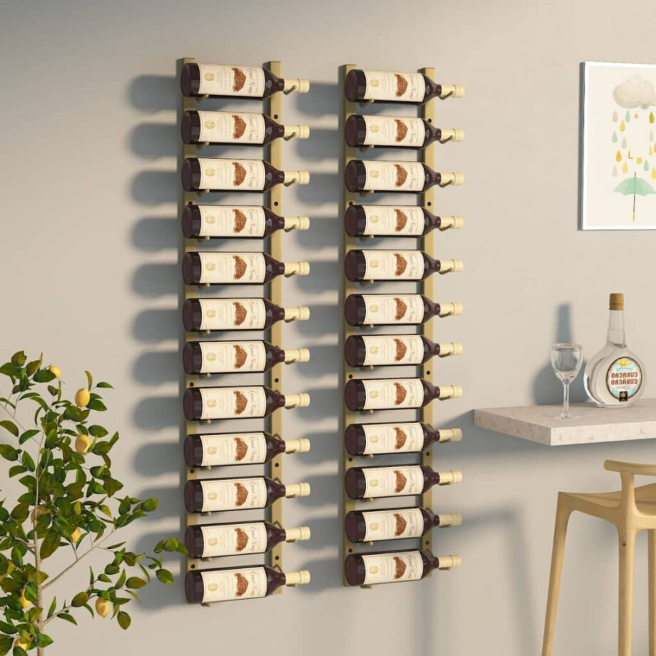 vidaXL Wijnrekken 2 st voor 12 flessen wandmontage ijzer goudkleurig afbeelding 1