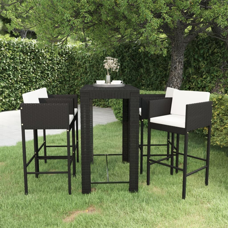 vidaXL 5-delige Tuinbarset met kussens poly rattan zwart vidaXL 5-delige Tuinbarset met kussens poly rattan zwart afbeelding 1