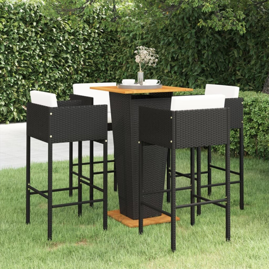vidaXL 5-delige Tuinbarset met kussens poly rattan zwart afbeelding 1