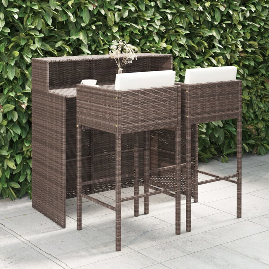 vidaXL 3-delige Tuinbarset met kussens poly rattan bruin afbeelding 1
