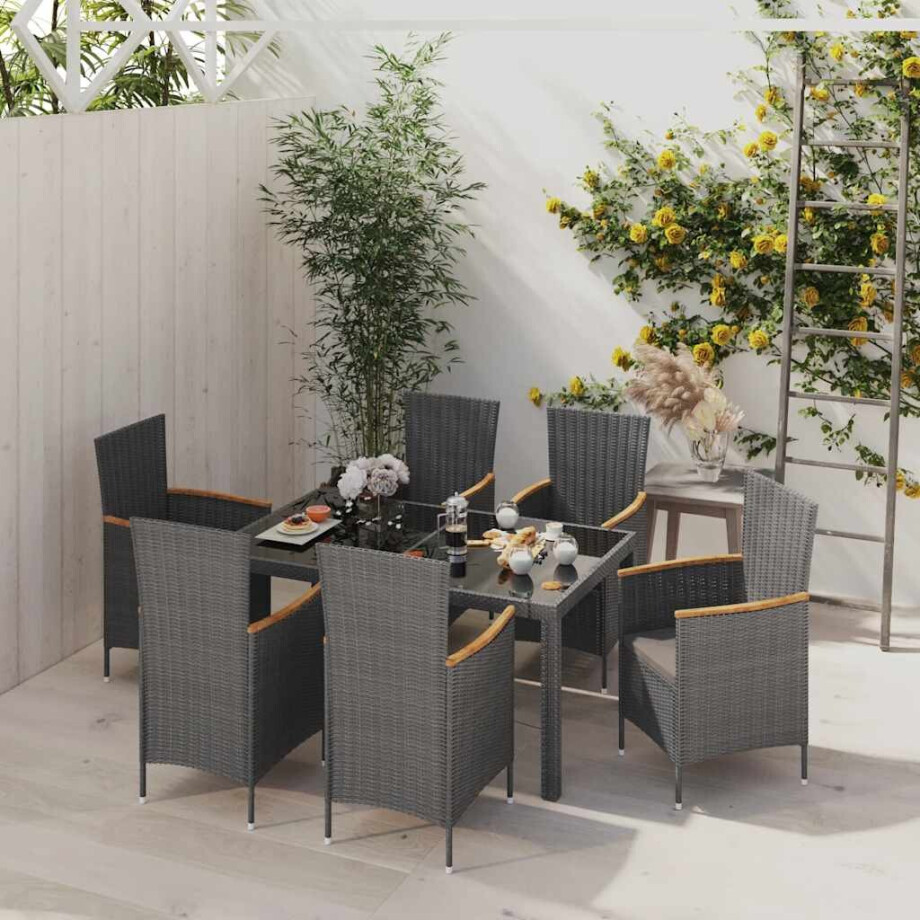 vidaXL 7-delige Tuinset met kussens poly rattan zwart en grijs afbeelding 1