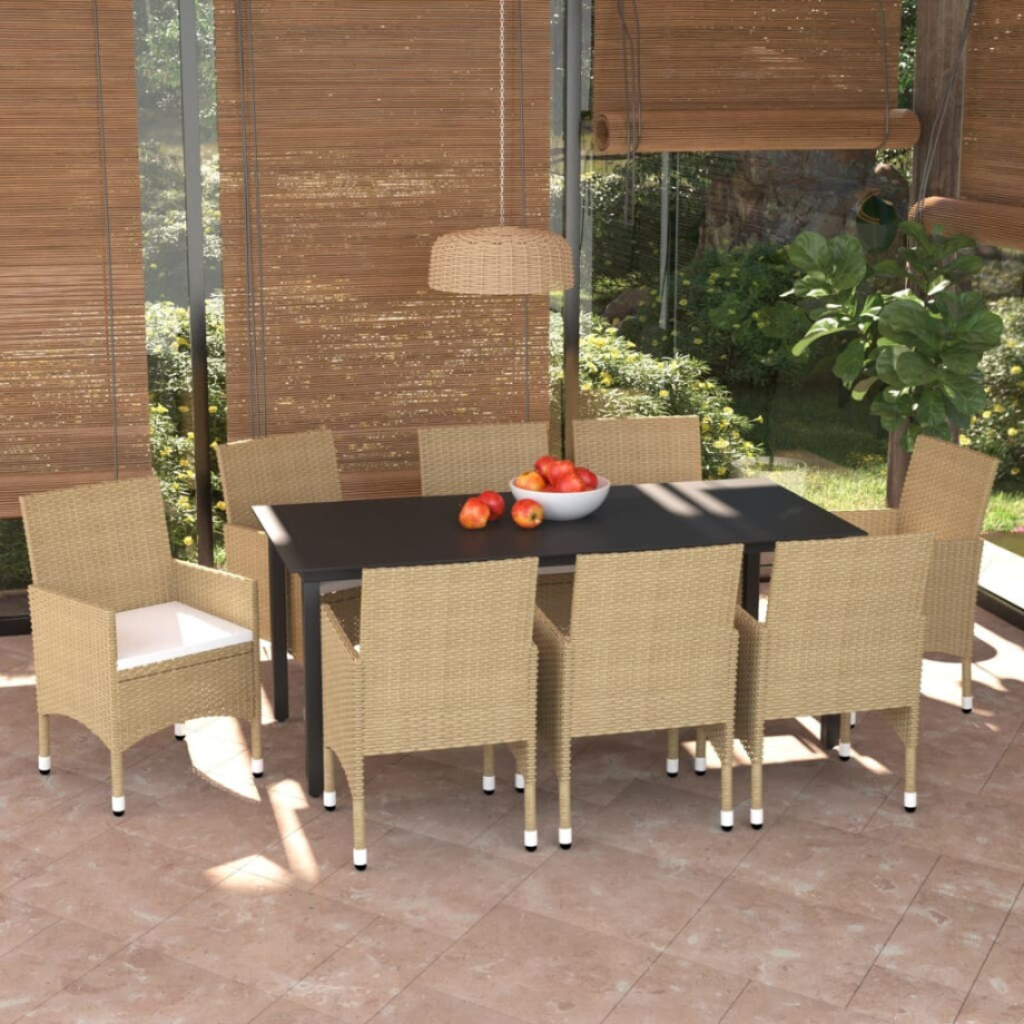 vidaXL 9-delige Tuinset met kussens poly rattan beige afbeelding 1