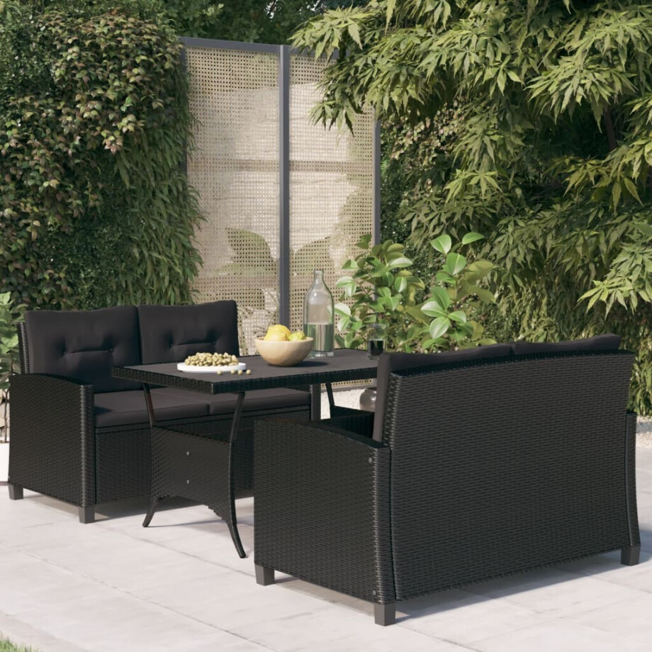 vidaXL 3-delige Tuinset met kussens poly rattan zwart afbeelding 1