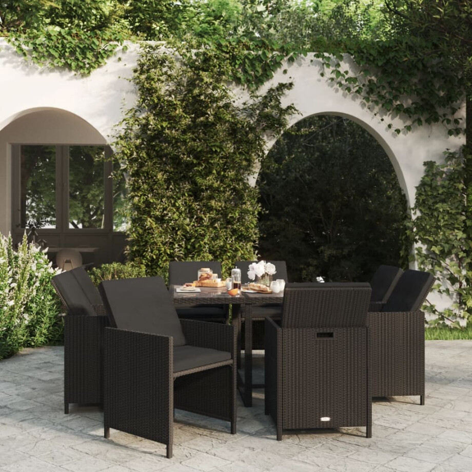 vidaXL 9-delige Tuinset met kussens poly rattan zwart afbeelding 1