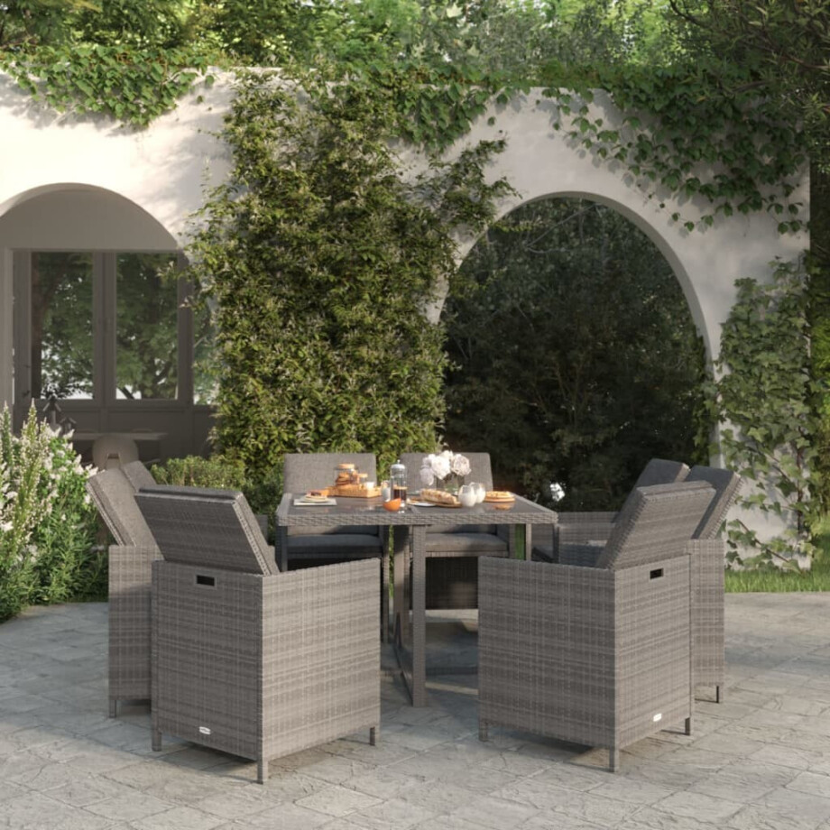 vidaXL 9-delige Tuinset met kussens poly rattan grijs afbeelding 1