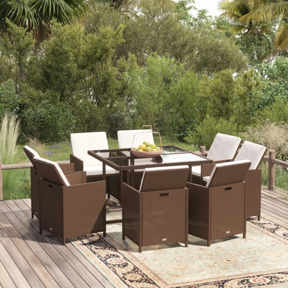 vidaXL 9-delige Tuinset met kussens poly rattan bruin vidaXL 9-delige Tuinset met kussens poly rattan bruin afbeelding 1