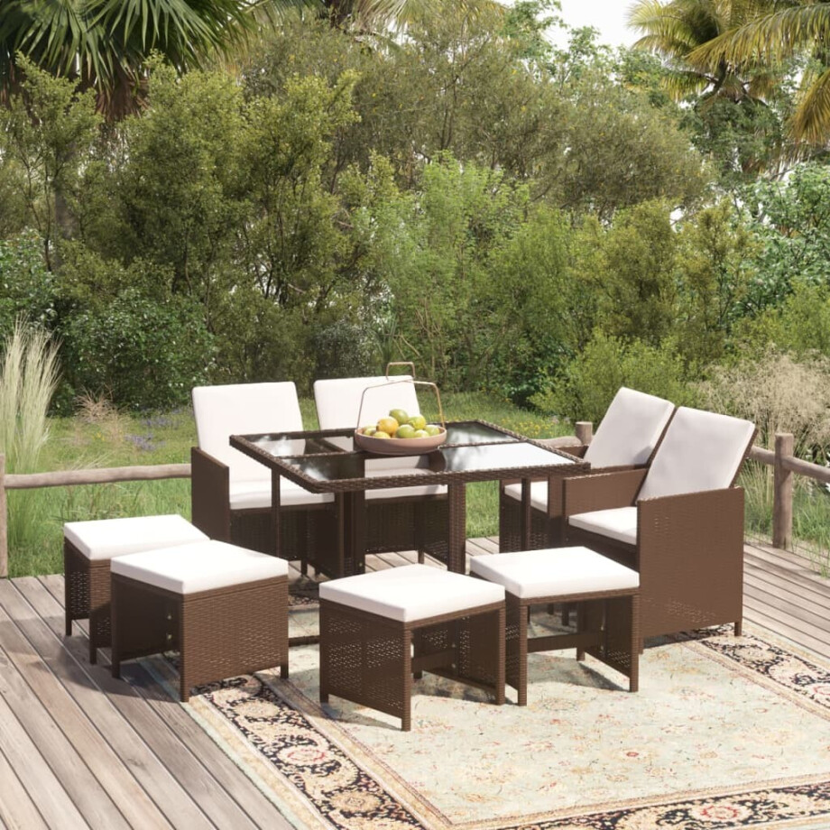 vidaXL 9-delige Tuinset met kussens poly rattan bruin vidaXL 9-delige Tuinset met kussens poly rattan bruin afbeelding 1