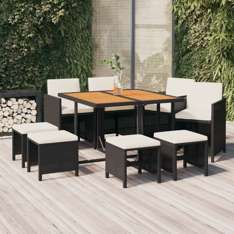 vidaXL 9-delige Tuinset met kussens poly rattan zwart afbeelding 1