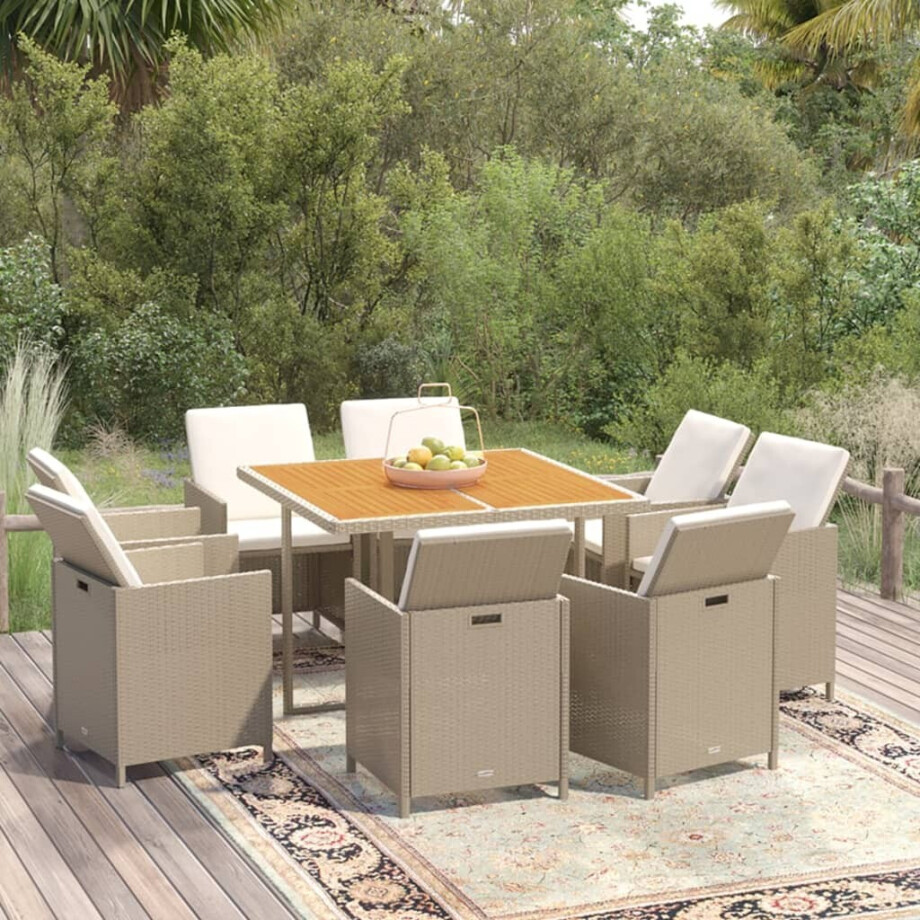 vidaXL 9-delige Tuinset met kussens poly rattan beige afbeelding 1