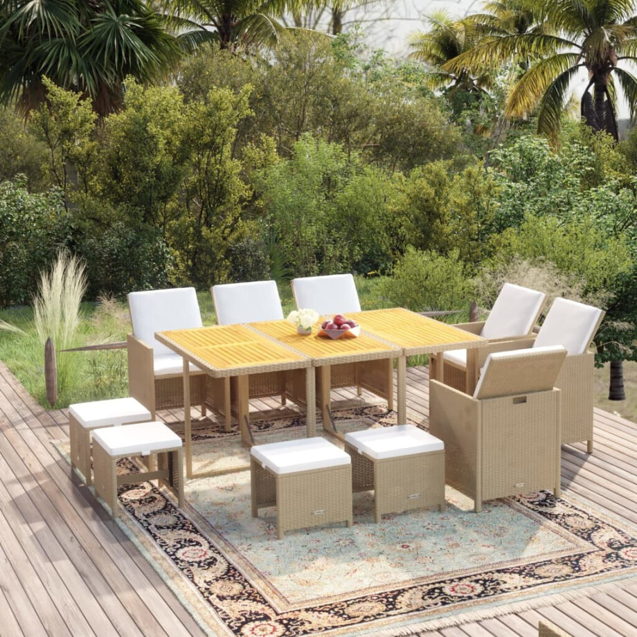 vidaXL 11-delige Tuinset met kussens poly rattan beige afbeelding 1