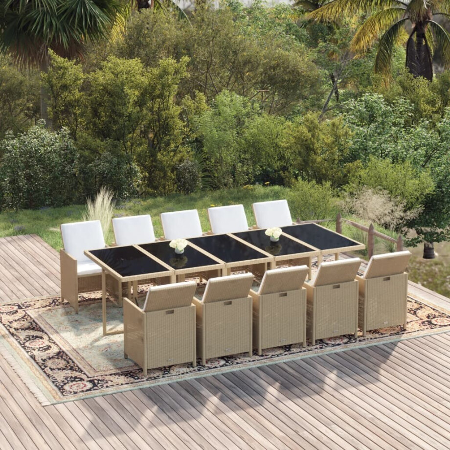 vidaXL 11-delige Tuinset met kussens poly rattan beige afbeelding 1