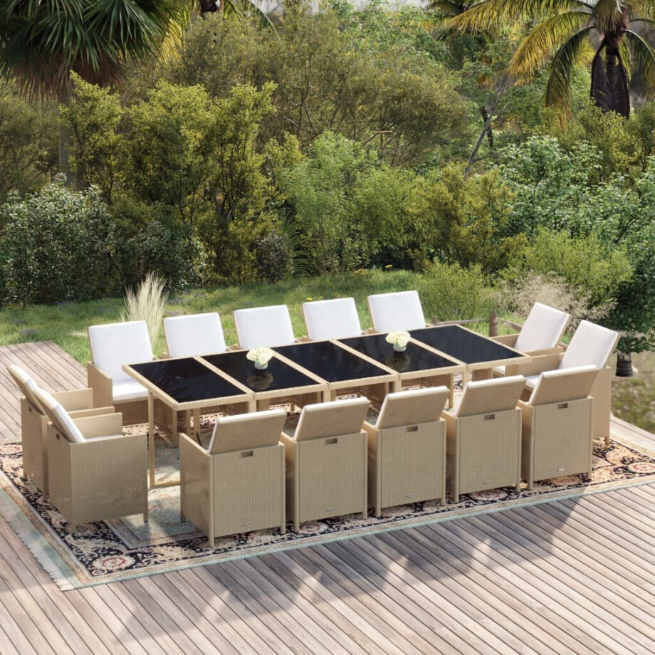 vidaXL 15-delige Tuinset met kussens poly rattan beige afbeelding 1