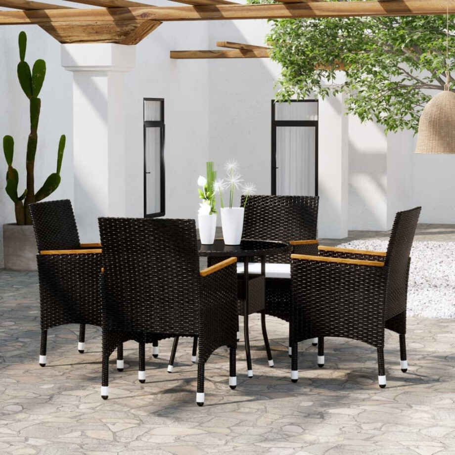 vidaXL 5-delige Bistroset poly rattan en gehard glas zwart afbeelding 1