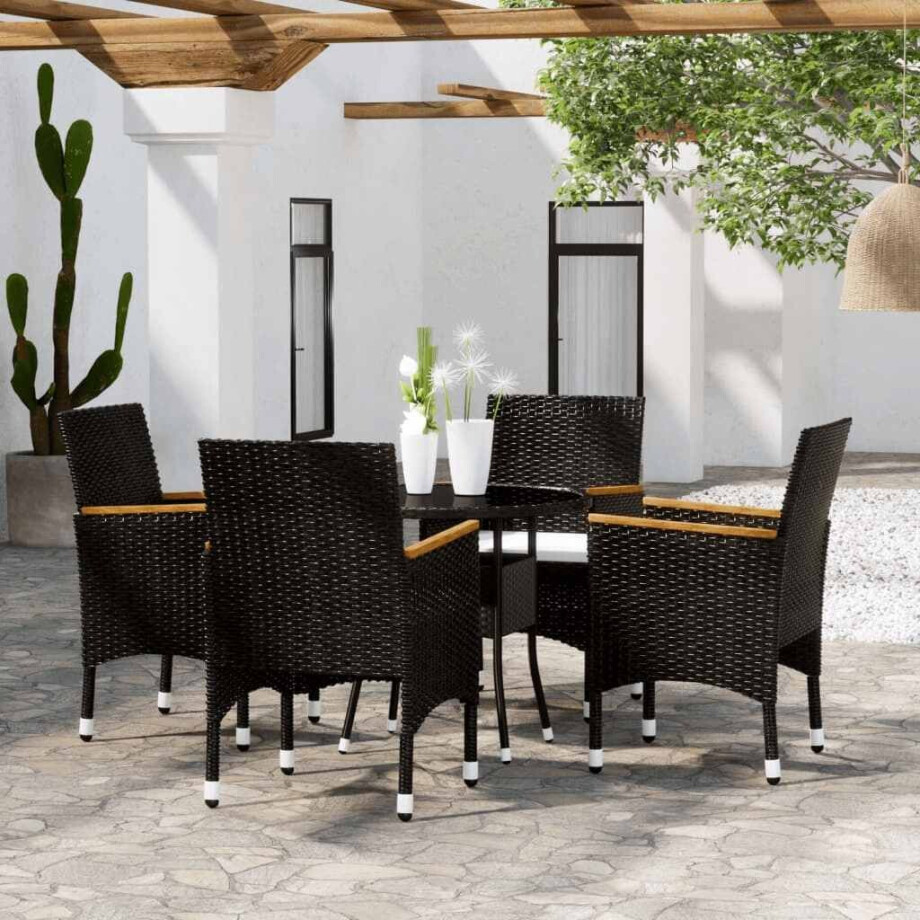 vidaXL 5-delige Bistroset poly rattan en gehard glas zwart afbeelding 1