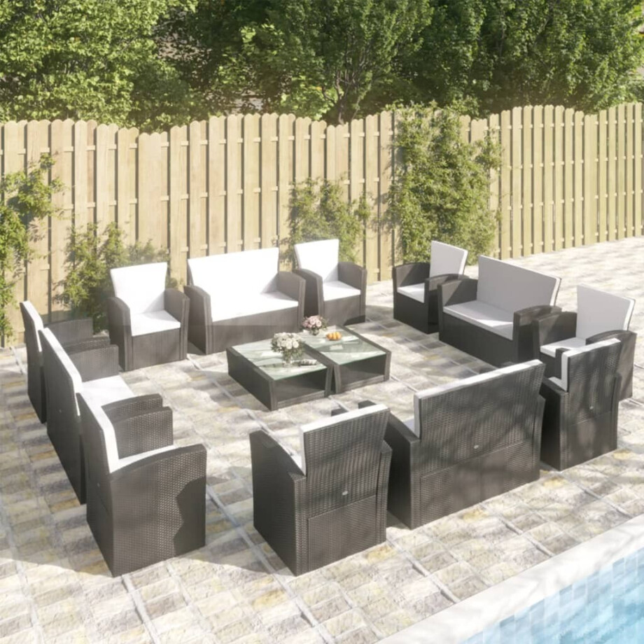 vidaXL 16-delige Loungeset met kussens poly rattan zwart vidaXL 16-delige Loungeset met kussens poly rattan zwart afbeelding 1