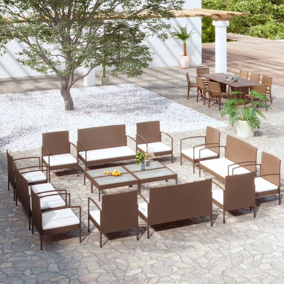 vidaXL 16-delige Loungeset met kussens poly rattan bruin vidaXL 16-delige Loungeset met kussens poly rattan bruin afbeelding 1