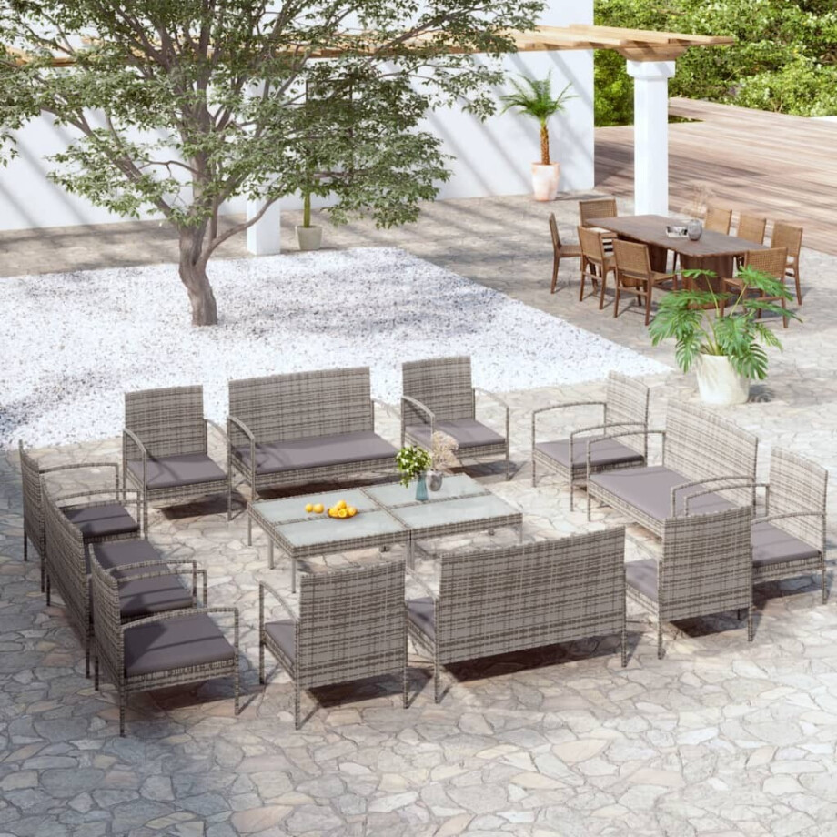 vidaXL 16-delige Loungeset met kussens poly rattan grijs vidaXL 16-delige Loungeset met kussens poly rattan grijs afbeelding 1
