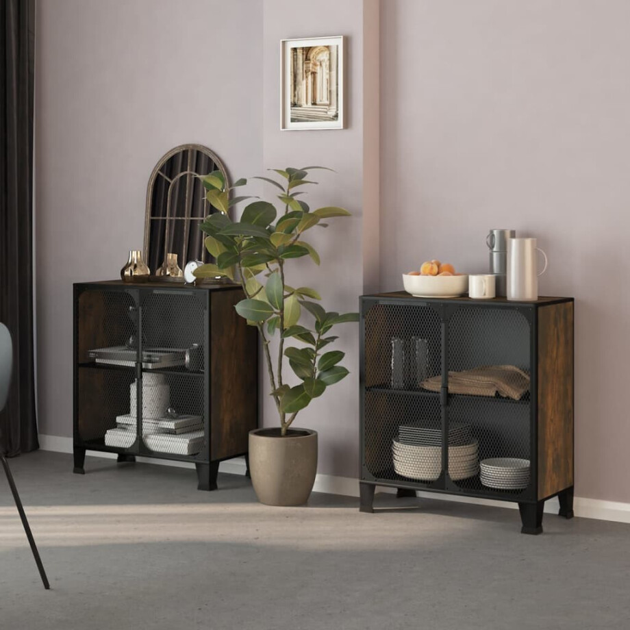 vidaXL Opbergkasten 2 st 72x36x82 cm metaal en MDF rustiek bruin vidaXL Opbergkasten 2 st 72x36x82 cm metaal en MDF rustiek bruin afbeelding 1