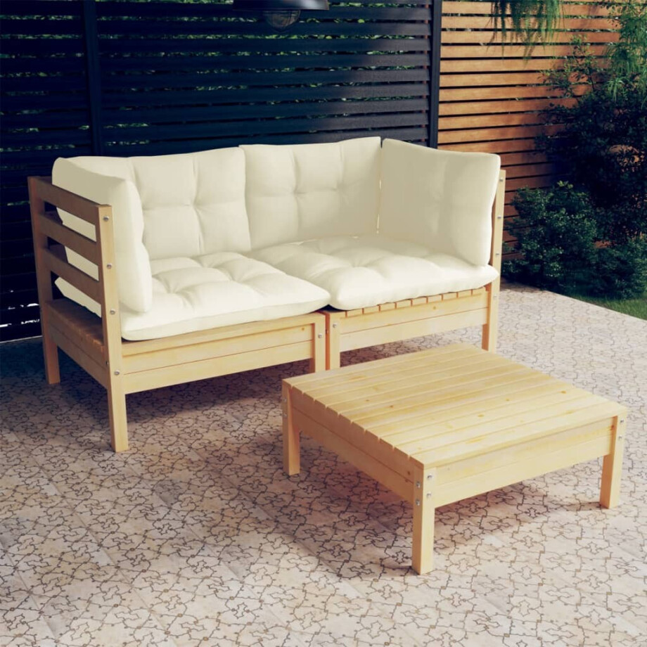 vidaXL 3-delige Loungeset met crèmekleurige kussens grenenhout vidaXL 3-delige Loungeset met crèmekleurige kussens grenenhout afbeelding 1