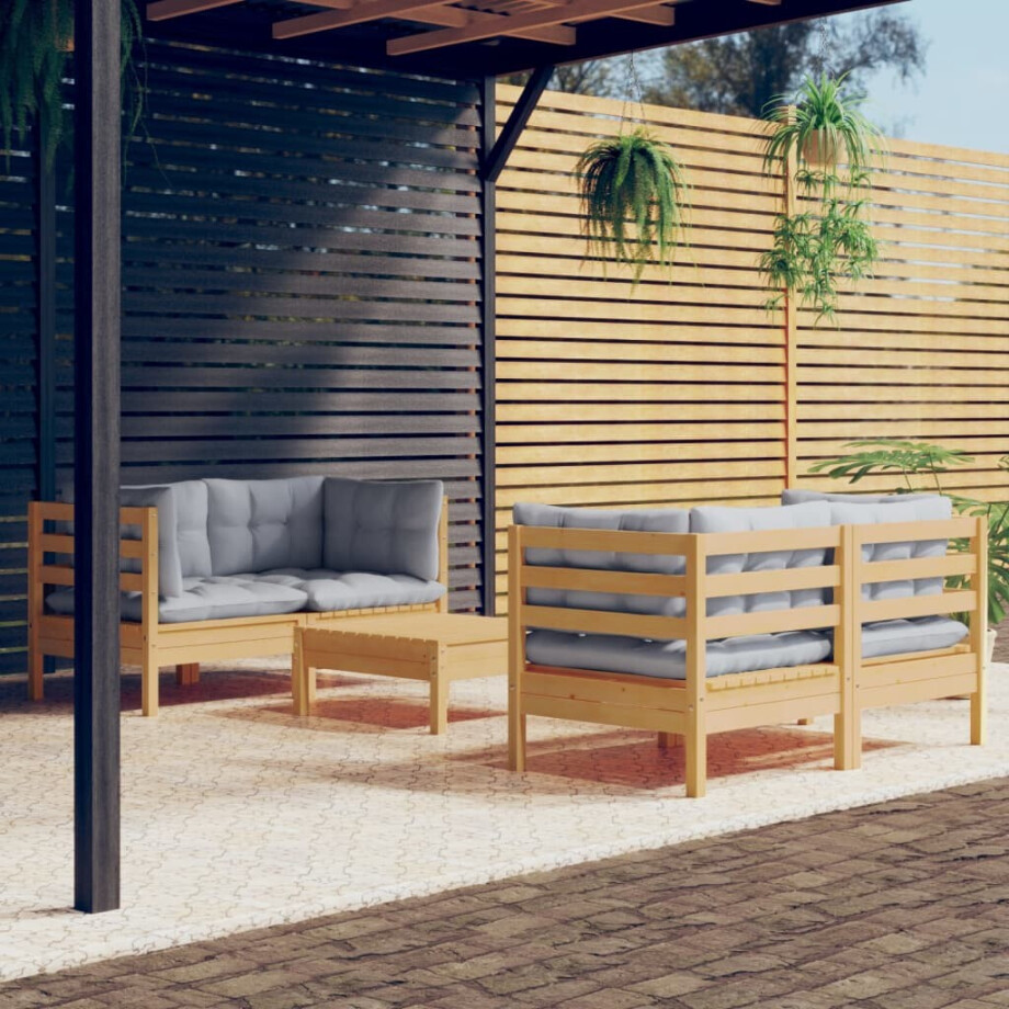 vidaXL 5-delige Loungeset met grijze kussens grenenhout vidaXL 5-delige Loungeset met grijze kussens grenenhout afbeelding 1
