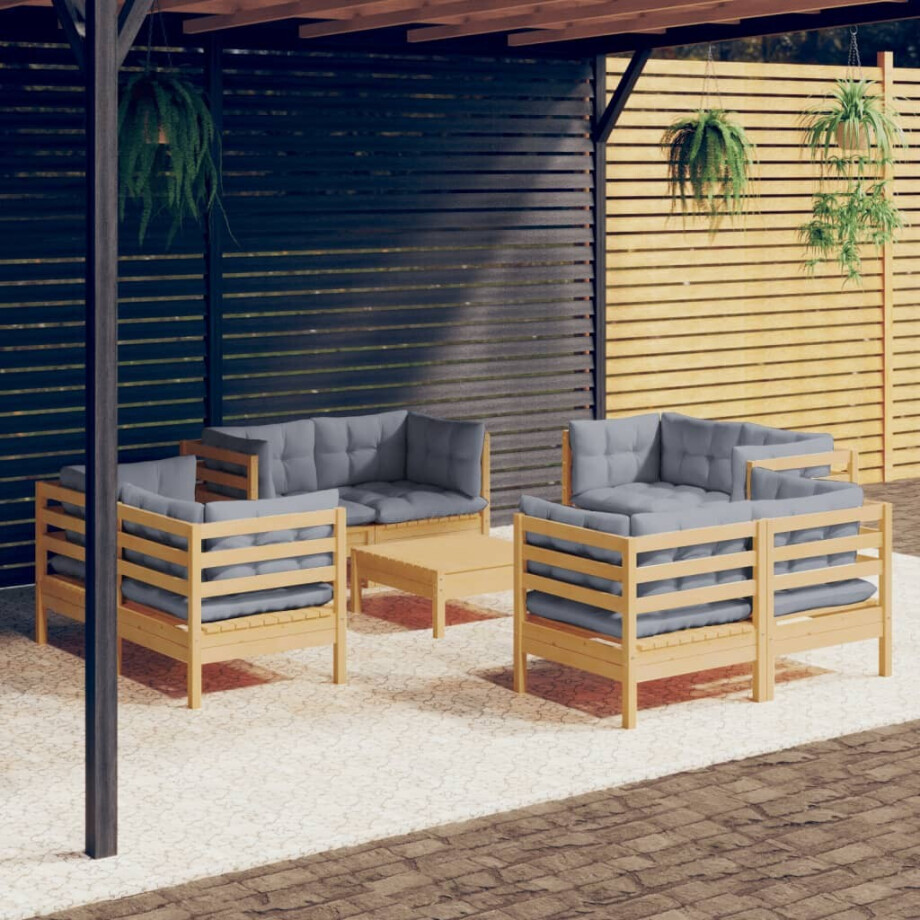 vidaXL 9-delige Loungeset met grijze kussens grenenhout vidaXL 9-delige Loungeset met grijze kussens grenenhout afbeelding 1