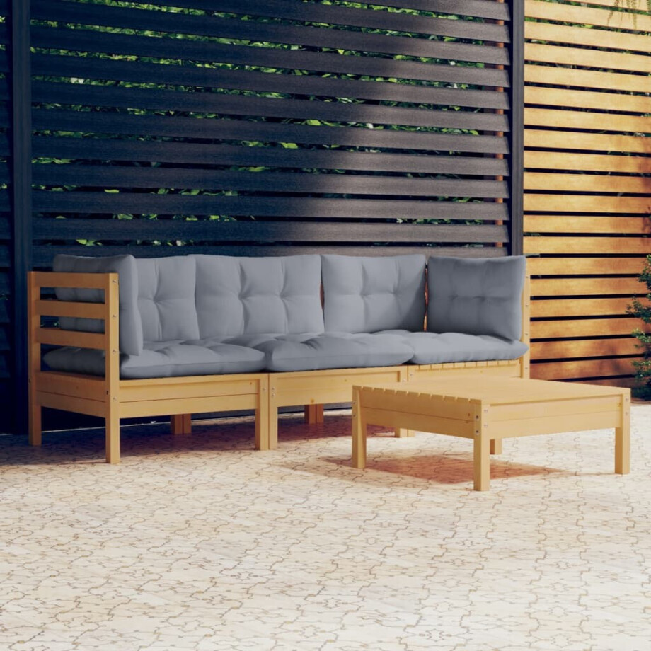 vidaXL 4-delige Loungeset met grijze kussens grenenhout vidaXL 4-delige Loungeset met grijze kussens grenenhout afbeelding 1