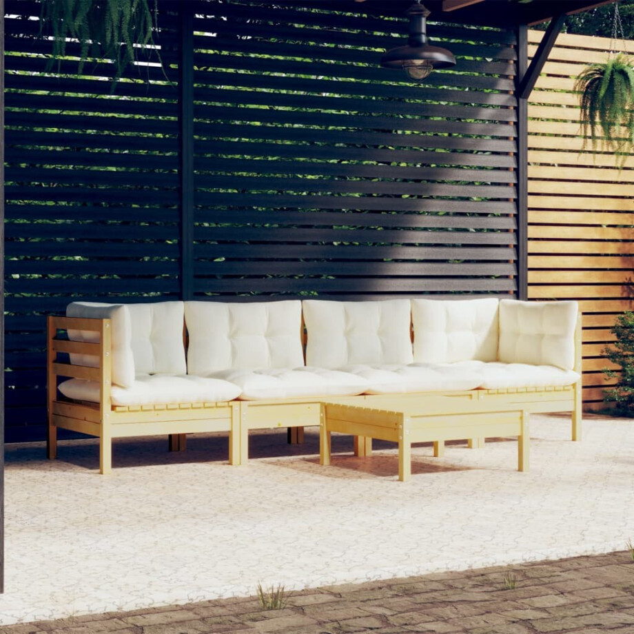 vidaXL 5-delige Loungeset met crèmekleurige kussens massief grenenhout afbeelding 1