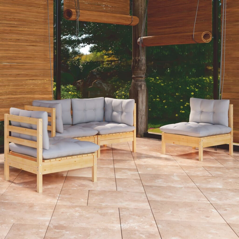 vidaXL 4-delige Loungeset met grijze kussens massief grenenhout vidaXL 4-delige Loungeset met grijze kussens massief grenenhout afbeelding 1