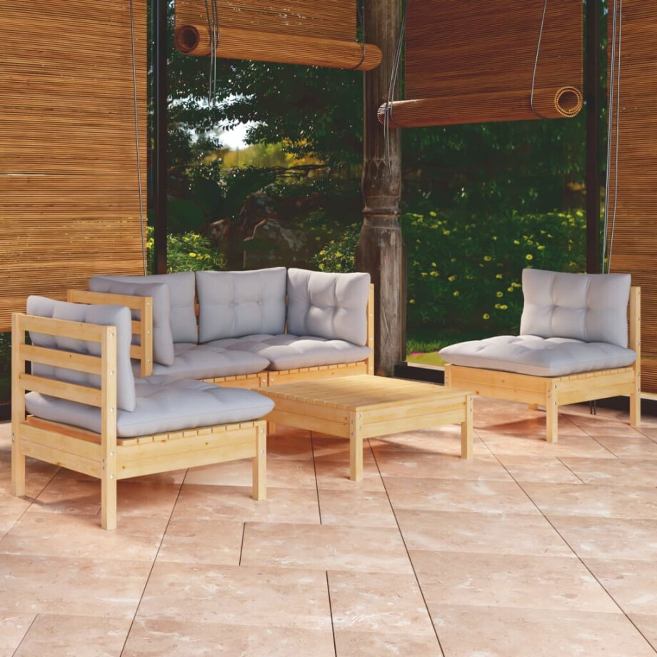 vidaXL 5-delige Loungeset met grijze kussens massief grenenhout afbeelding 1