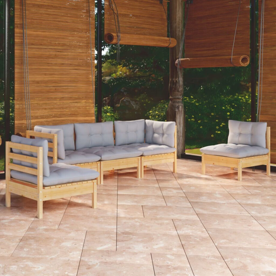 vidaXL 5-delige Loungeset met grijze kussens massief grenenhout afbeelding 1
