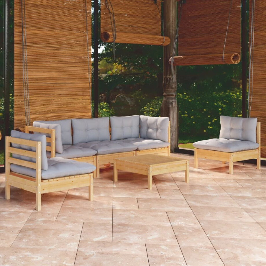 vidaXL 6-delige Loungeset met grijze kussens massief grenenhout vidaXL 6-delige Loungeset met grijze kussens massief grenenhout afbeelding 1