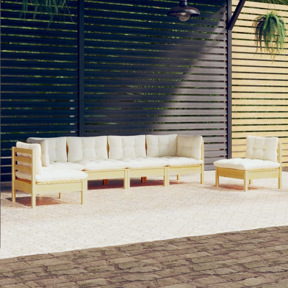 vidaXL 6-delige Loungeset met crèmekleurige kussens massief grenenhout vidaXL 6-delige Loungeset met crèmekleurige kussens massief grenenhout afbeelding 1