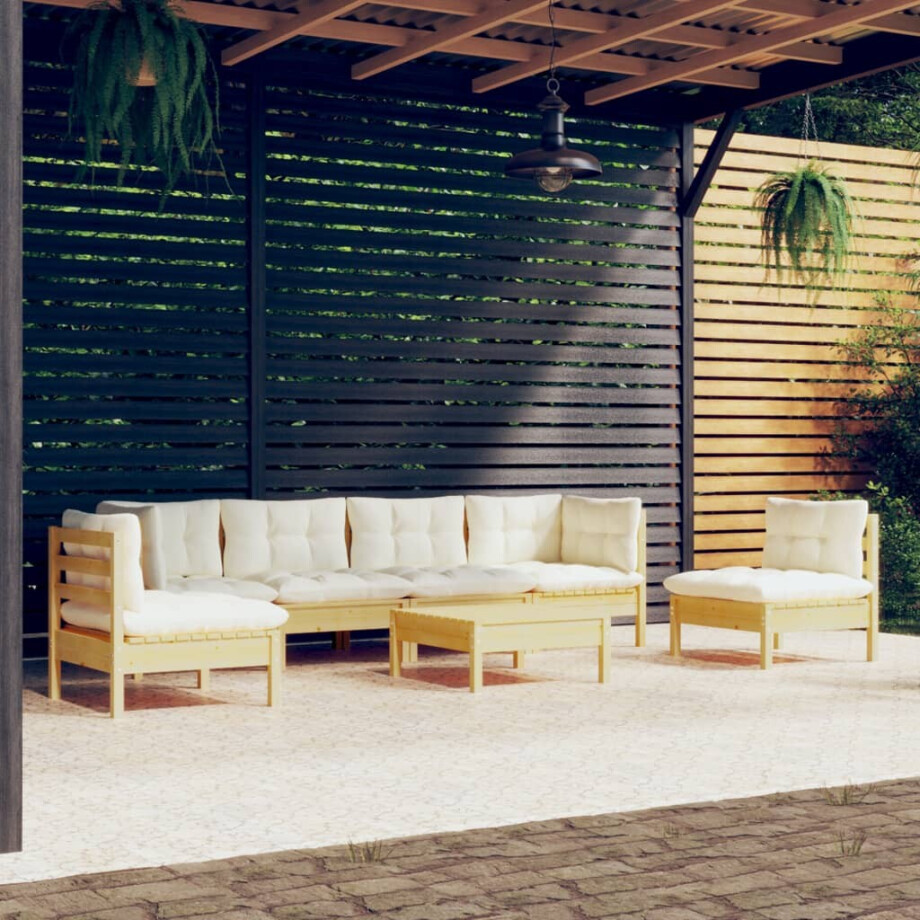 vidaXL 7-delige Loungeset met crèmekleurige kussens massief grenenhout vidaXL 7-delige Loungeset met crèmekleurige kussens massief grenenhout afbeelding 1
