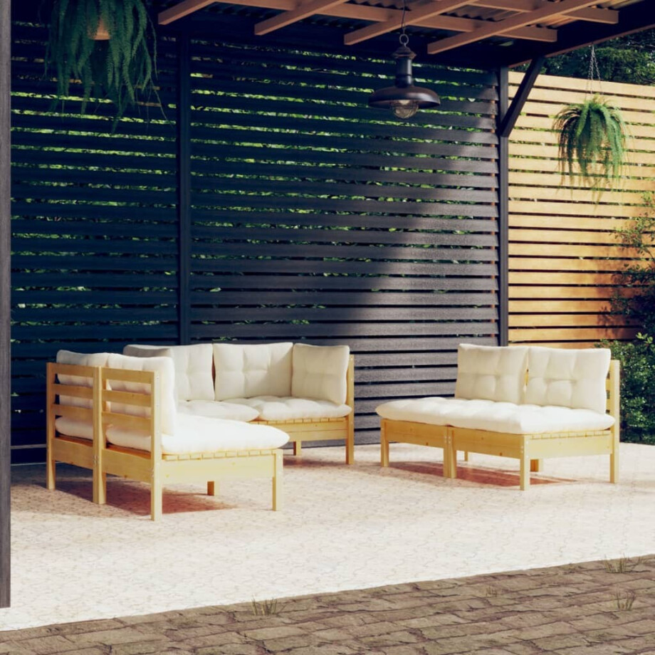vidaXL 6-delige Loungeset met crèmekleurige kussens massief grenenhout vidaXL 6-delige Loungeset met crèmekleurige kussens massief grenenhout afbeelding 1