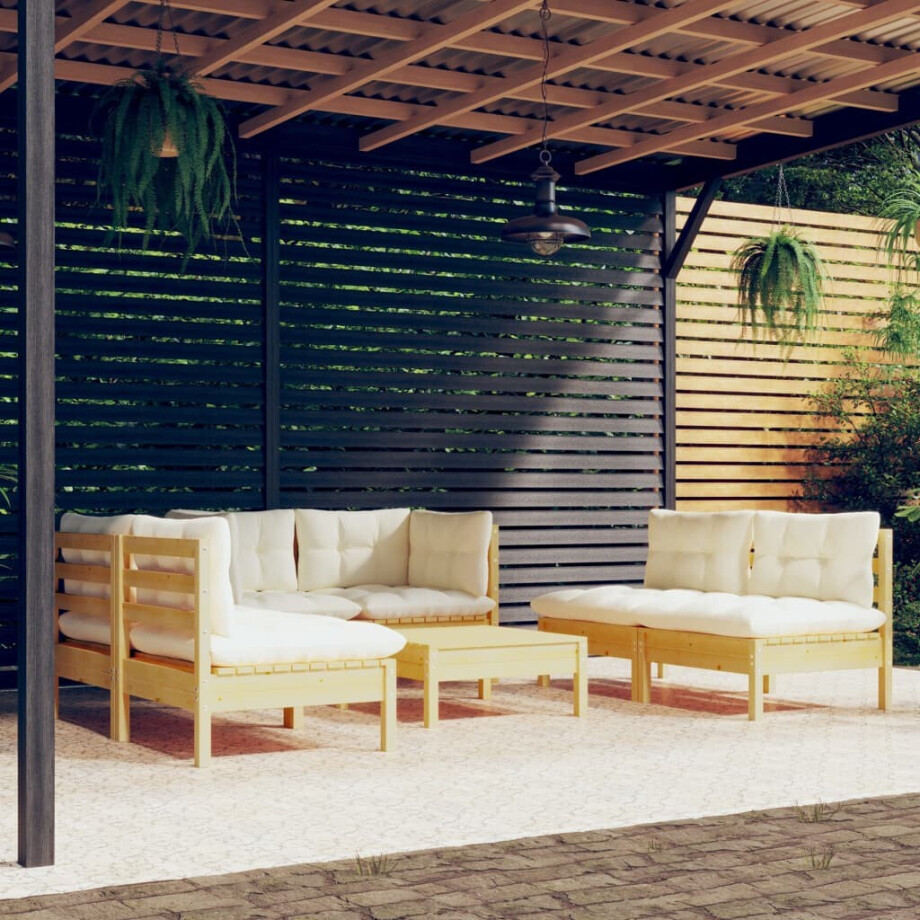 vidaXL 7-delige Loungeset met crèmekleurige kussens massief grenenhout vidaXL 7-delige Loungeset met crèmekleurige kussens massief grenenhout afbeelding 1