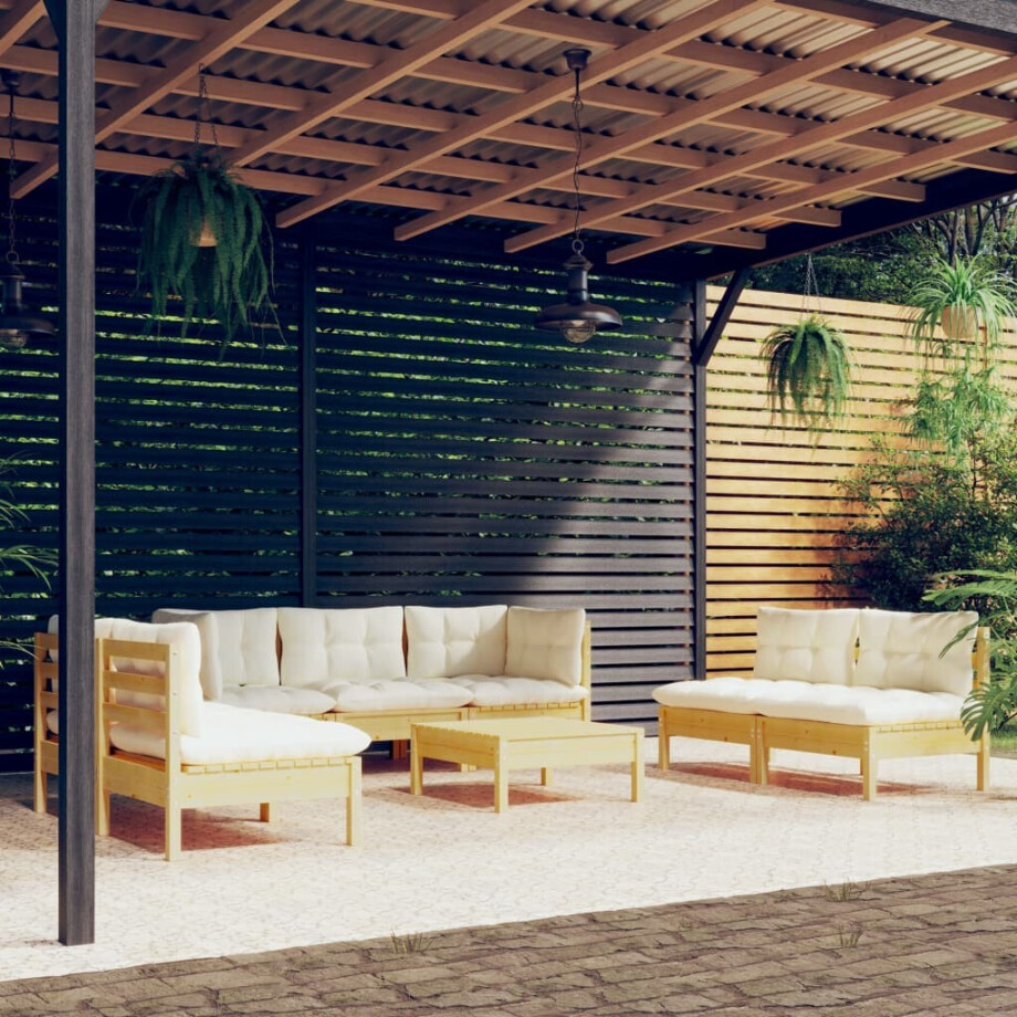 vidaXL 8-delige Loungeset met crèmekleurige kussens massief grenenhout afbeelding 1