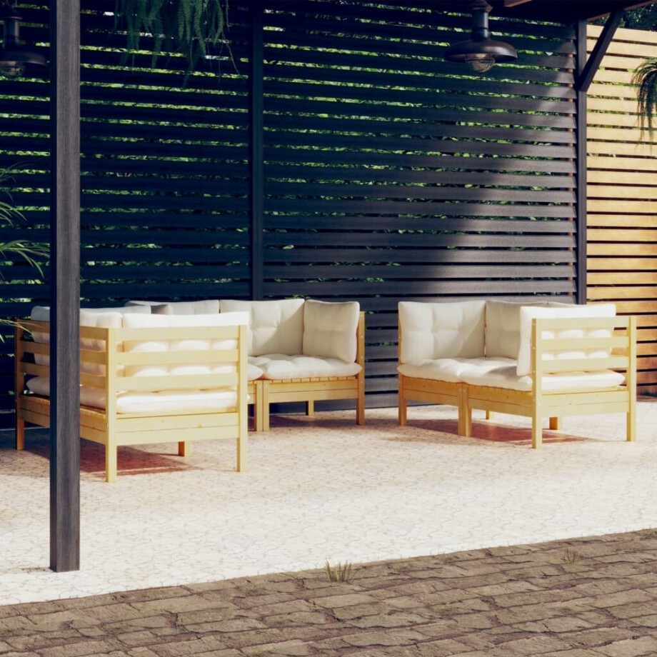 vidaXL 6-delige Loungeset met crèmekleurige kussens massief grenenhout vidaXL 6-delige Loungeset met crèmekleurige kussens massief grenenhout afbeelding 1